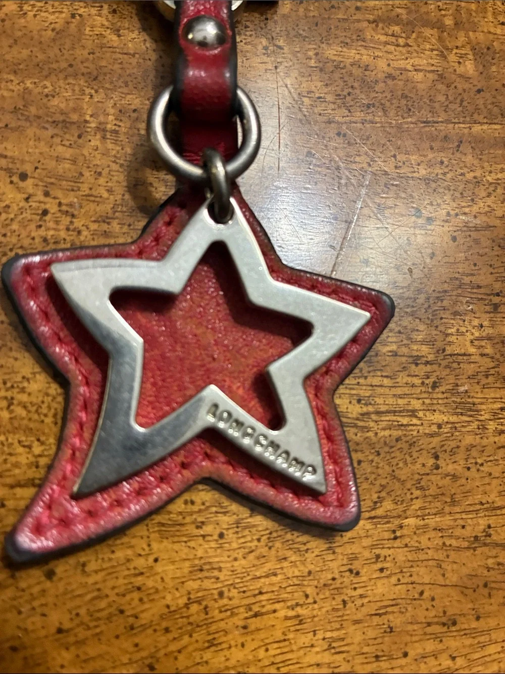 Longchamp Red Star Leather Key Fob with Metal Detail